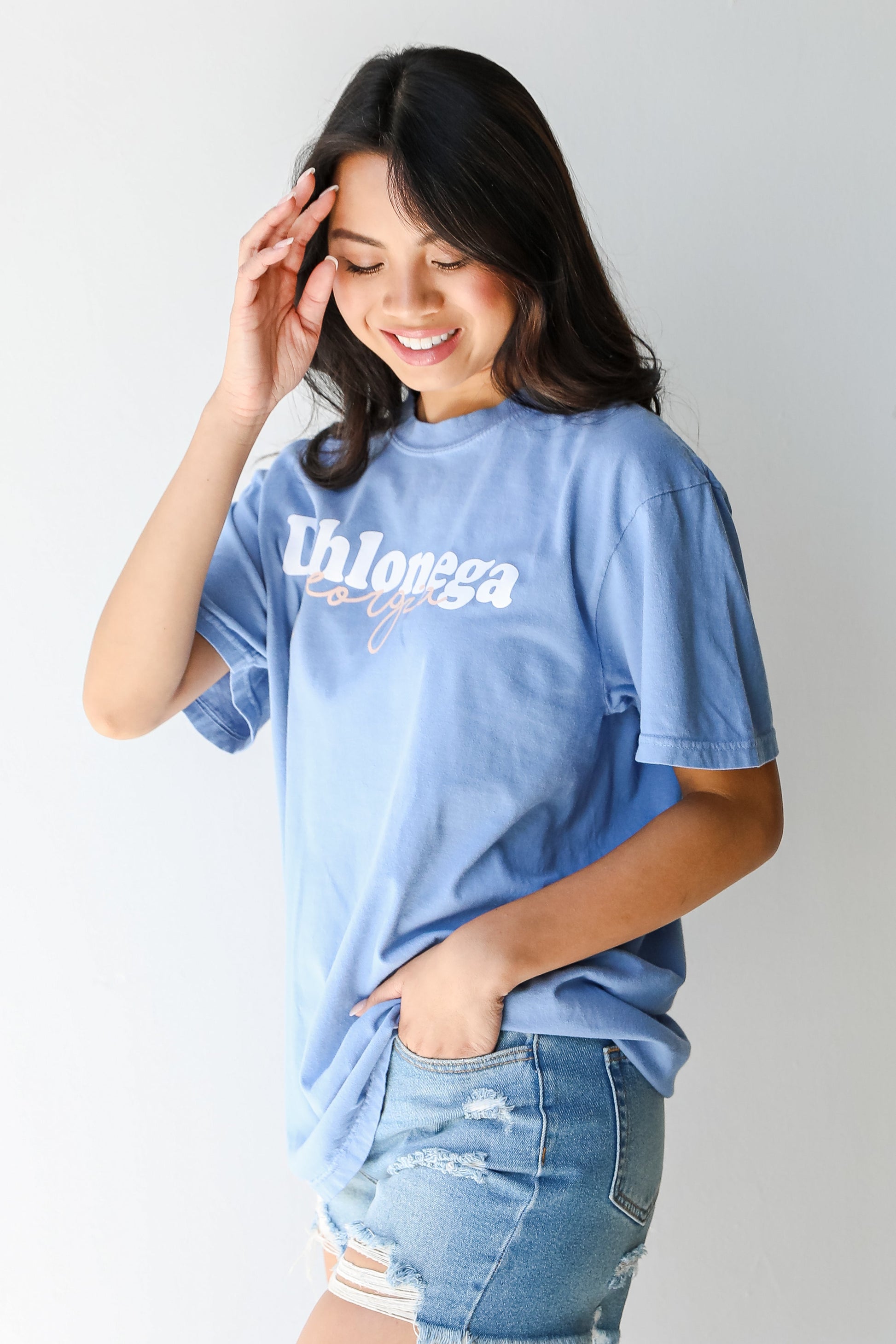 Blue Dahlonega Georgia Script Tee side view