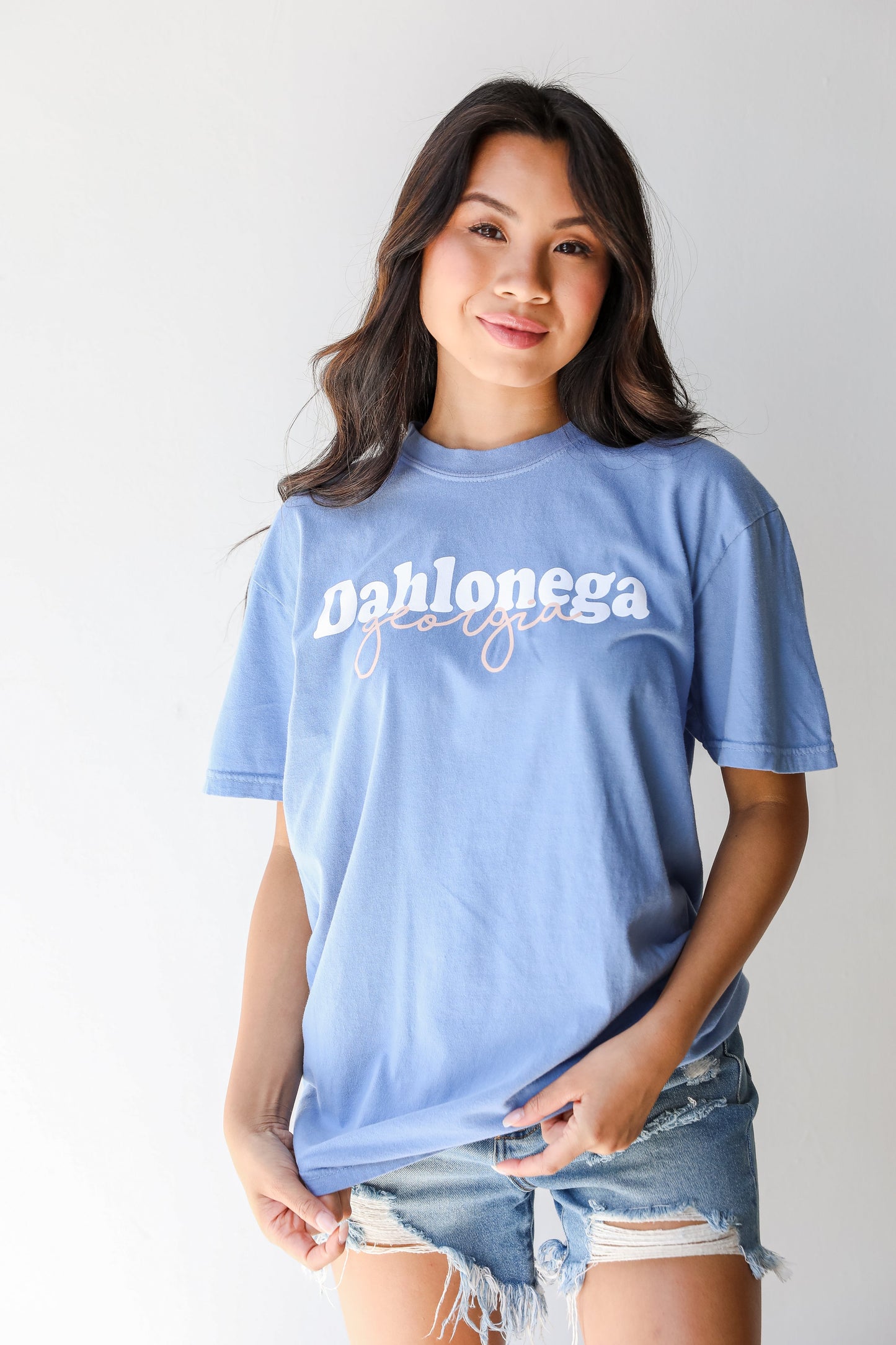 Blue Dahlonega Georgia Script Tee on model