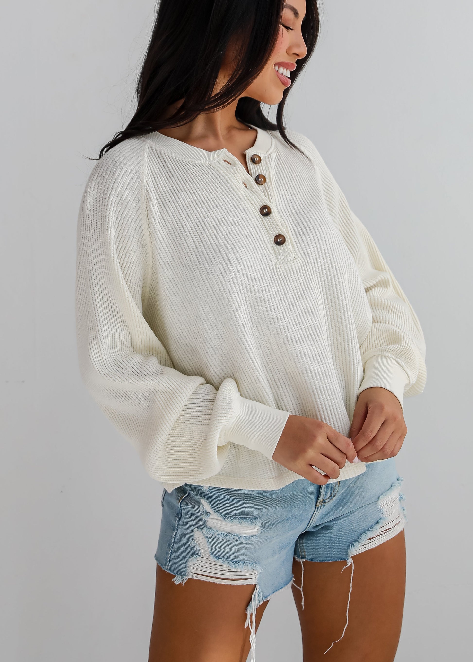 Relaxing Weekend Ivory Waffle Knit Henley Top